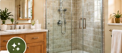 Sparkling glass shower and clean bathroom