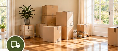 Bright home with moving boxes