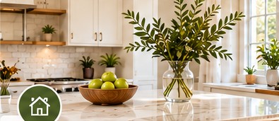 Bright clean kitchen with fresh greenery